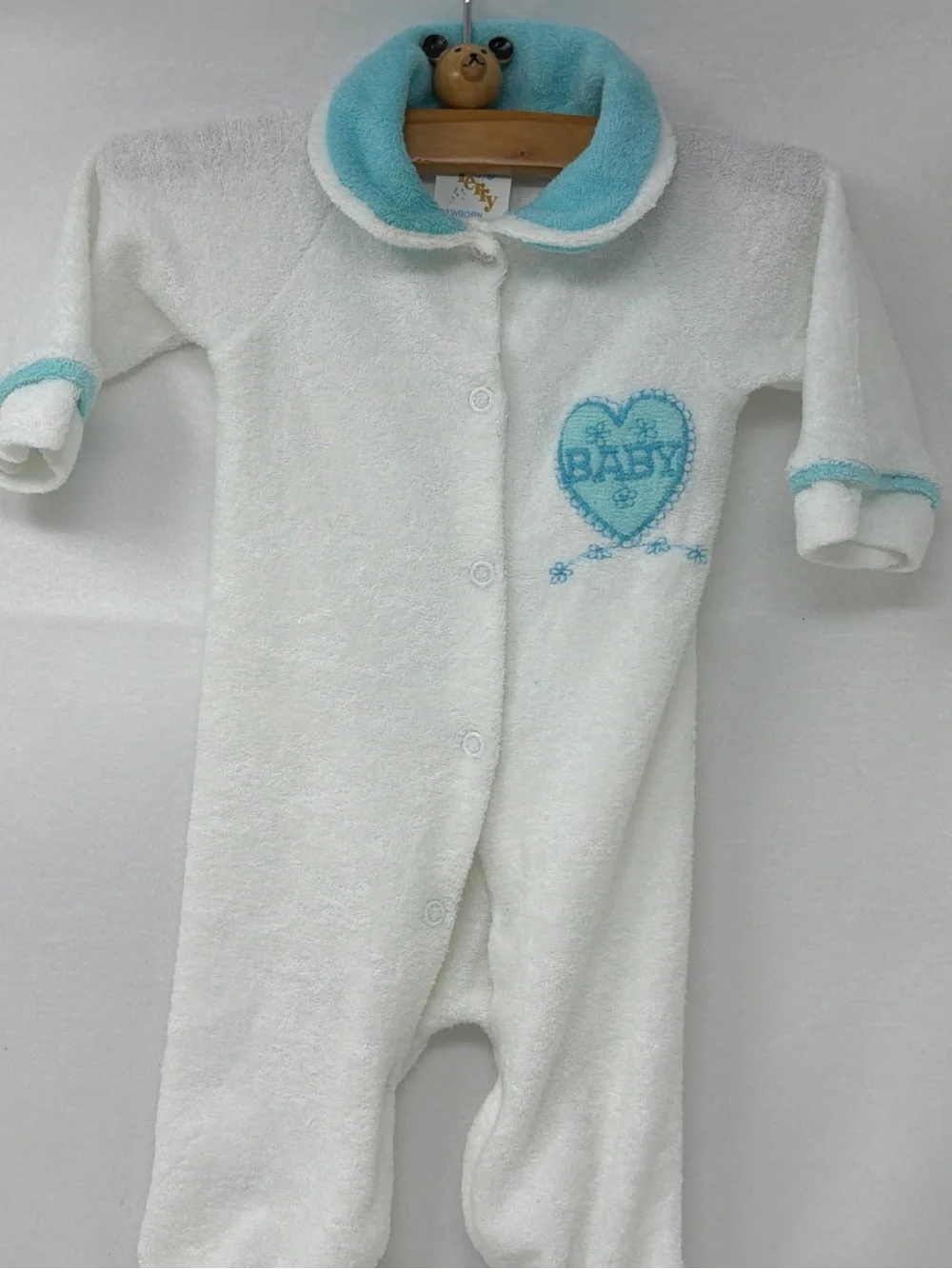 Vintage Infant Terry Footed Sleep Suit in White with Blue Trim Size Newborn
